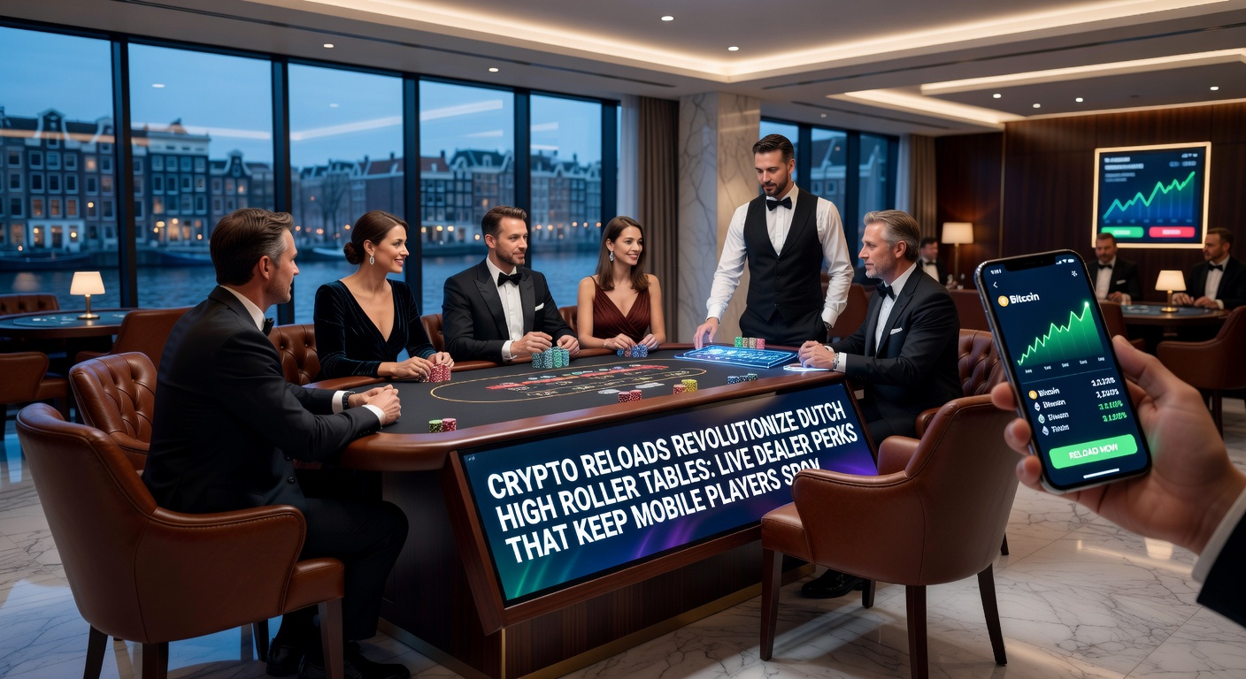 Mobiele high roller gebruikt crypto reload op live dealer roulette tafel, met Nederlandse vlag en blockchain iconen zichtbaar in een dynamische 2026 setting