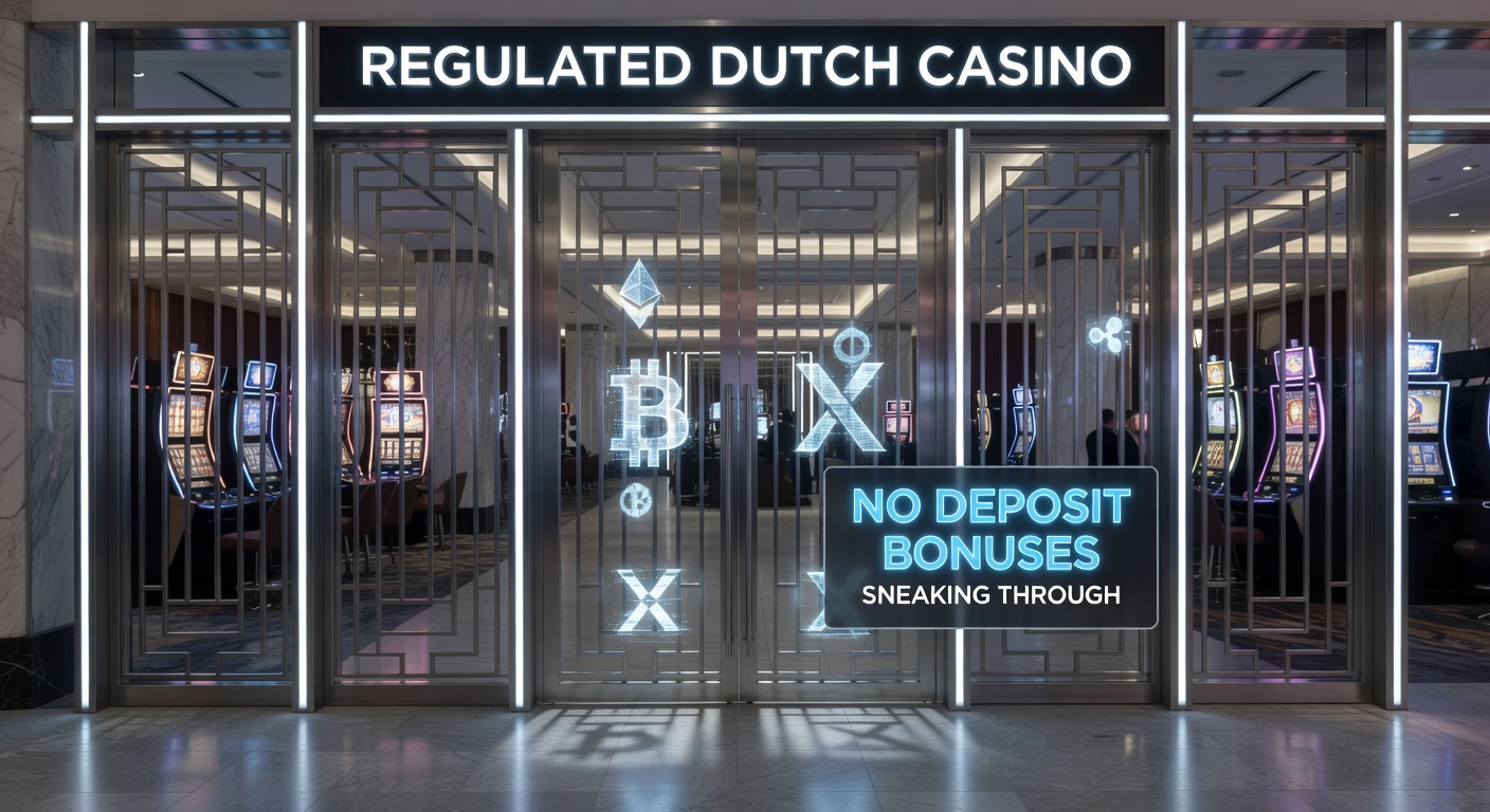 Grafische weergave van crypto-munten die door een gereguleerde casino-poort glippen, met Nederlandse vlag op de achtergrond