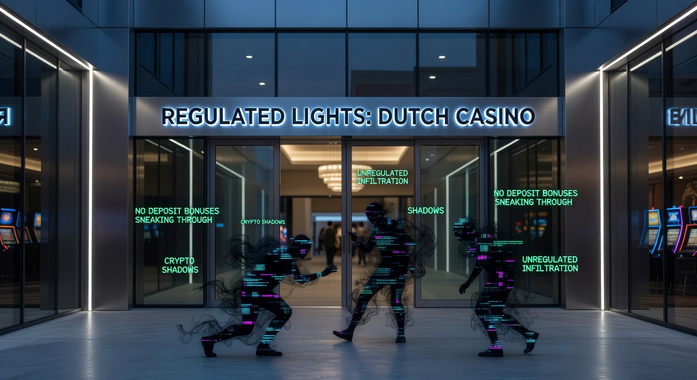 Illustratie van een schaduwrijke crypto-wallet die een no-deposit bonus activeert in een Nederlands casino-omgeving, met KSA-logo op de loer