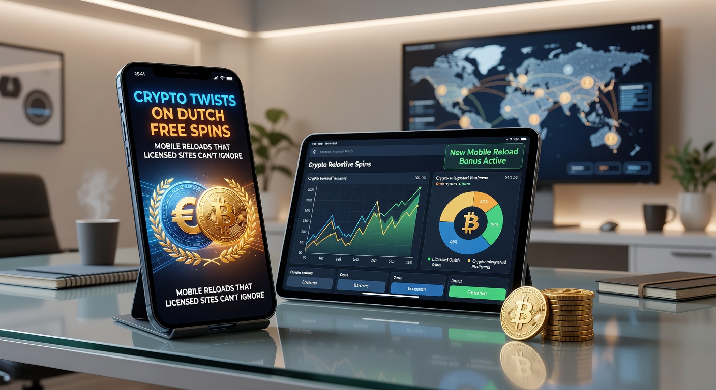 Mobiele interface van een Nederlands casino met crypto reload bonus en free spins teller, blockchain iconen zichtbaar