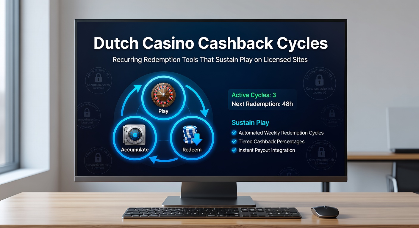 Spelerinterface met cashback-cyclus dashboard op een Nederlands casino-platform, tonen lopende redempties en toekomstige cycli