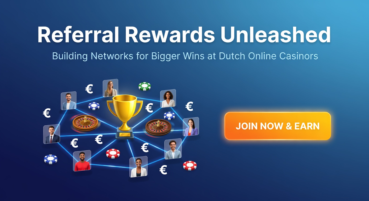 Spelers delen referral codes aan een online casino-tafel, met netwerklijnen die winsten verbinden